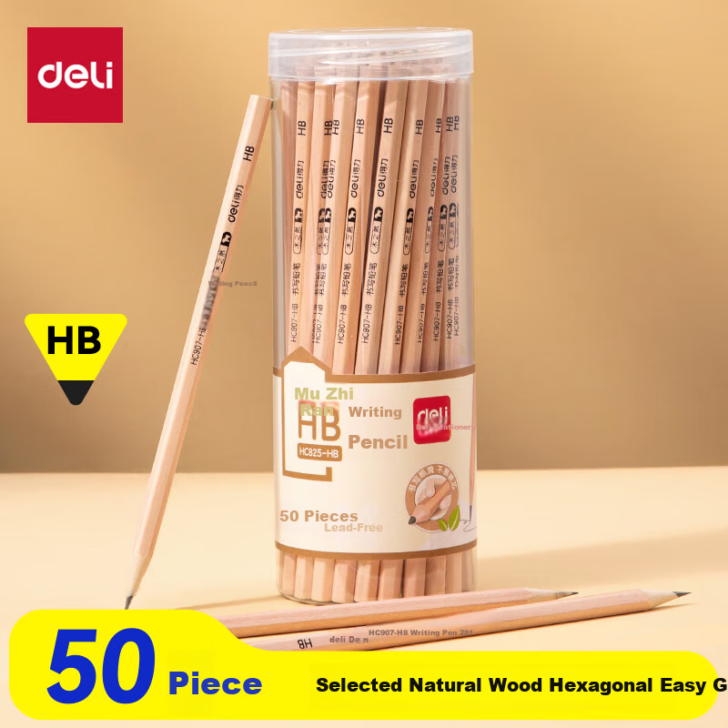 Deli 50pcs HB Wooden Hexagonal Writing Pencils Sketch Drawing Student Exam Doodle Art Tracing Pencils 50pcs/Barrel HC825-HB Back to School Stationery