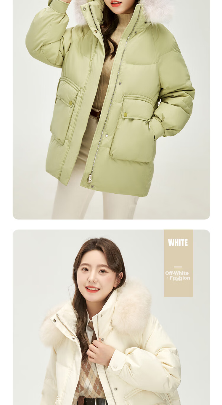 SNOWFLYING Women's Mid-Length Hooded Down Jacket with Fashionable Large Fur Collar, Casual Versatile Thickened Warm Cold-Resistant Down Coat 13