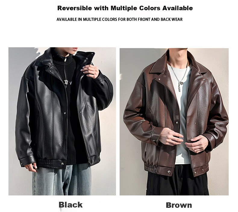 Wu Huang Cat Autumn Winter American Style Vintage PU Leather Lapel Casual Jacket Men Fake Two-Piece Coat WJ13 Black M 3