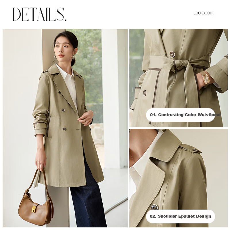 Chushen Spring Autumn Double-Breasted Trench Coat Women Mid-Length Elegant Classic H-Line Waist Slimming Jacket S51D003