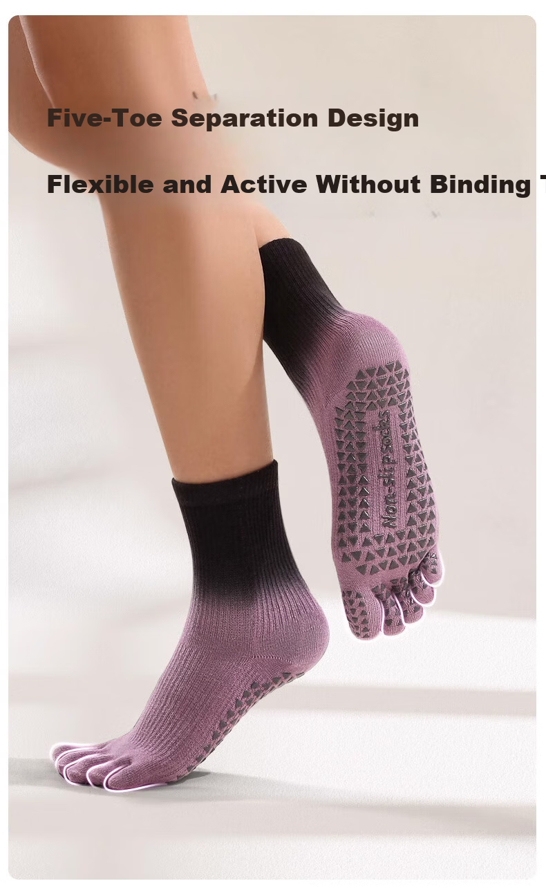 Dewick Five-Toe Yoga Socks Professional Non-Slip Pilates Training Indoor Fitness Toe Separation Mid-Calf Purple Faux Two-Piece 6