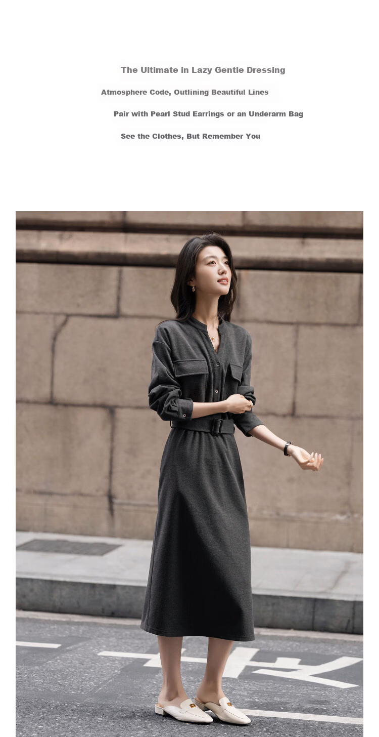 Demana [with Hyaluronic Acid] Spring Urban Commuter V-Neck Half-Placket Pocket Drop Shoulder Loose Women's Knit Dress 6