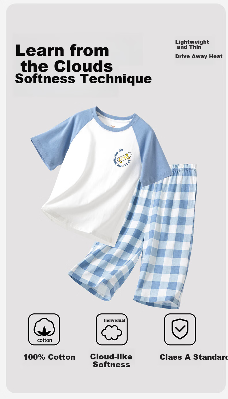 Dingguagua Boys' Cotton Pajama Set Long Sleeve Autumn Spring Air Conditioning Homewear Gray 140 2