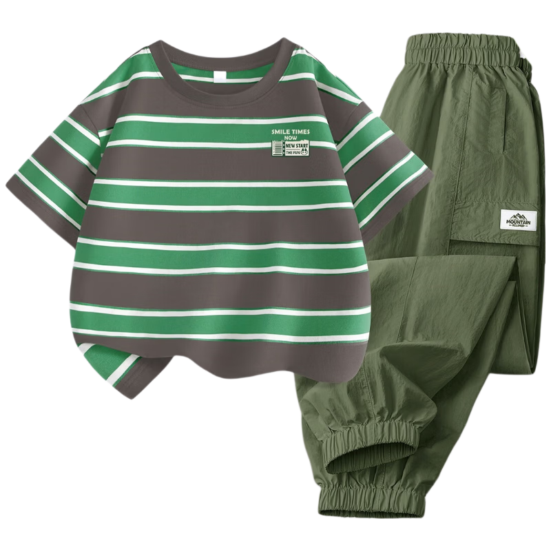 Langsha Autumn New Boys Casual Set Striped T-Shirt Outdoor Cargo Pants Green Gray 150
