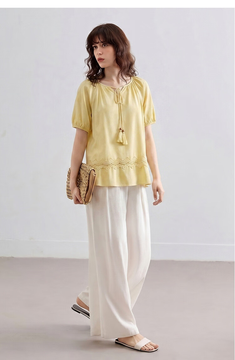Demana Pure Cotton Tassel Tie Round Neck Shirt Women Summer New Lace Splicing Ruffle Loose Blouse 17