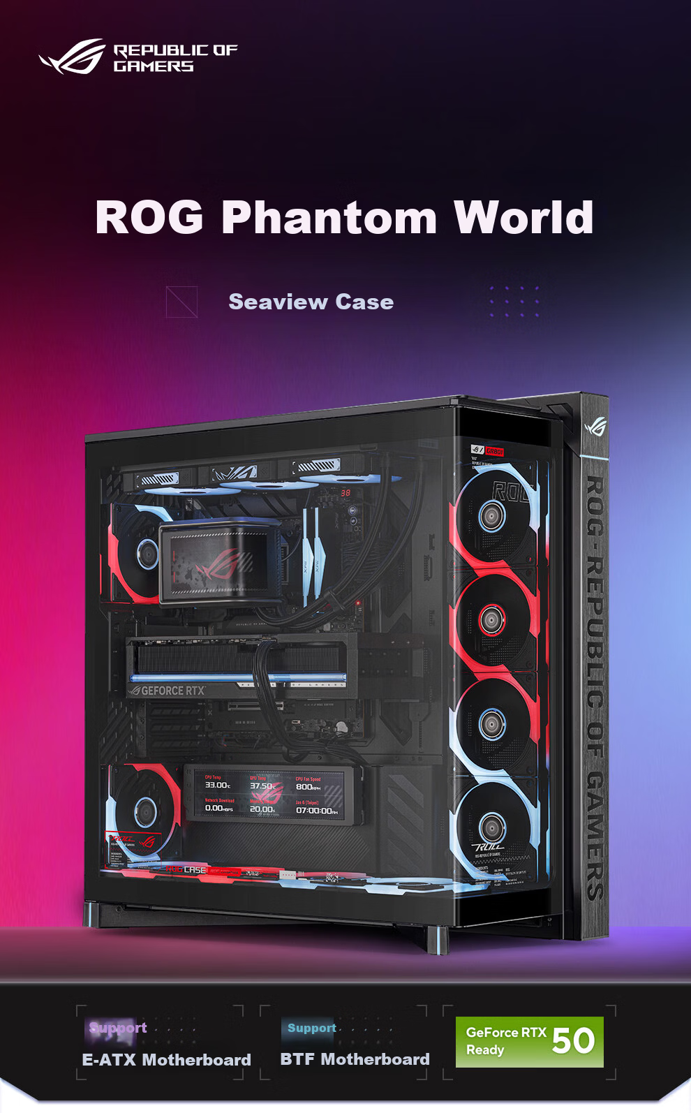 ASUS ROG Phantom Gaming Case Deluxe Edition Right-Angle Tempered Glass 9.2-Inch Display Module Rotatable Fan Bracket GR801 1