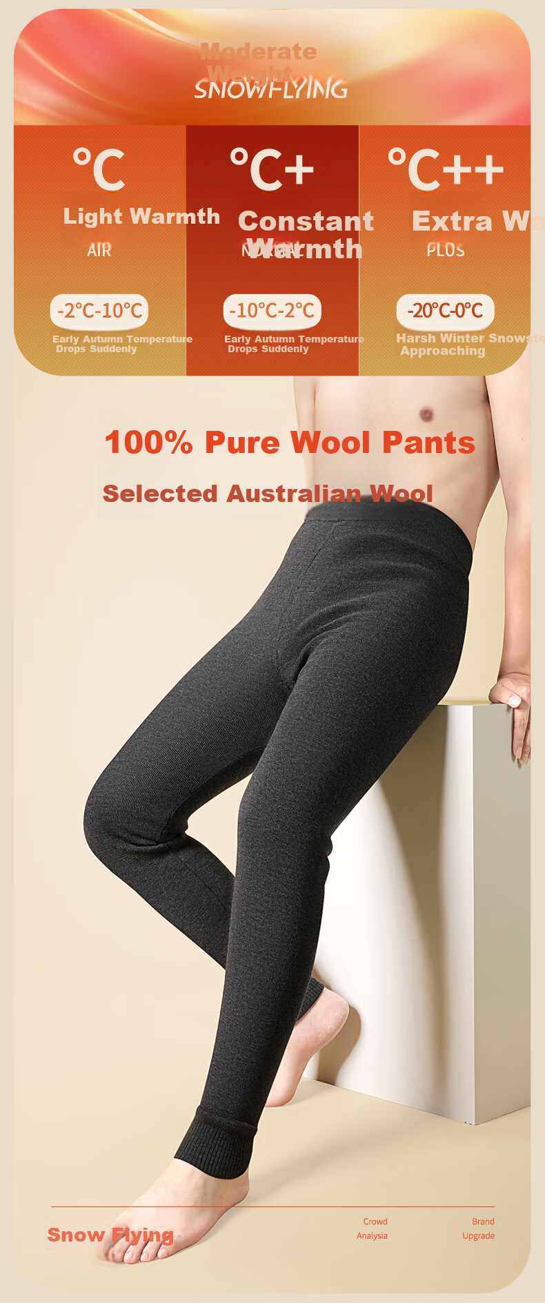 SNOWFLYING 100% Pure Wool Men's Thermal Pants Fleece Lined Thickened Knit Long Johns for Middle-aged and Elderly 1