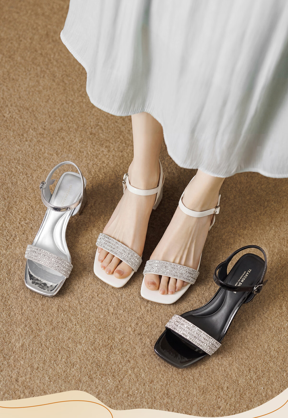 Eierkang Women's Sandals Open Toe Rhinestone Strap French Style Chunky Heel Sandals 49886W Silver Size 39 1