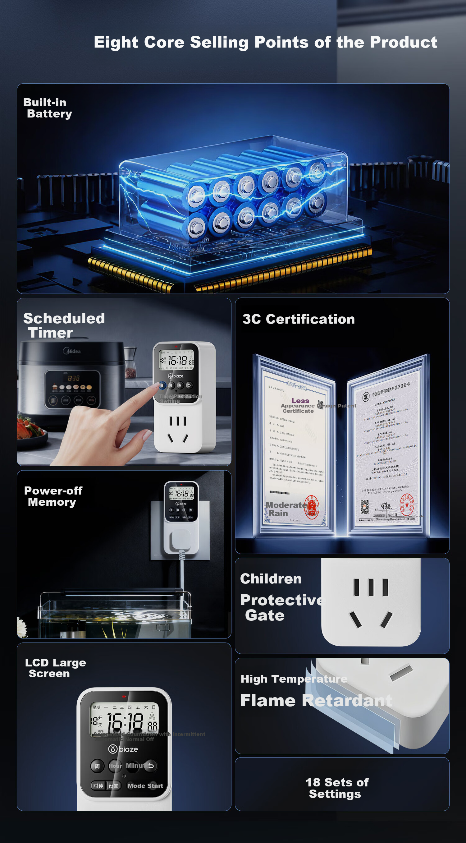 BIAZE Timer Socket National Standard Digital Electronic Timer Control Socket Timer Countdown Intermittent Cycle Power On/Off Built-in Battery with Power-off Memory No Switch 3