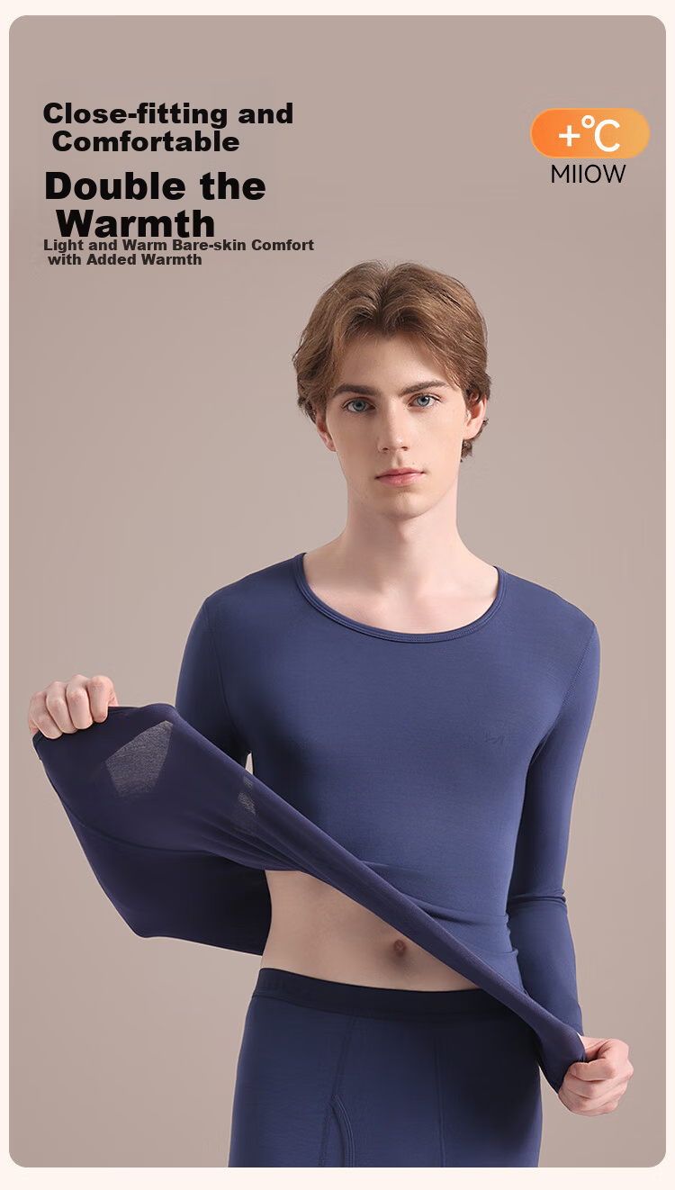 MiiOW Modal Thermal Underwear Men Ultra-thin High Elasticity Autumn Round Neck Long Sleeve Base Layer Top Warm Shirt Dark Gray 1