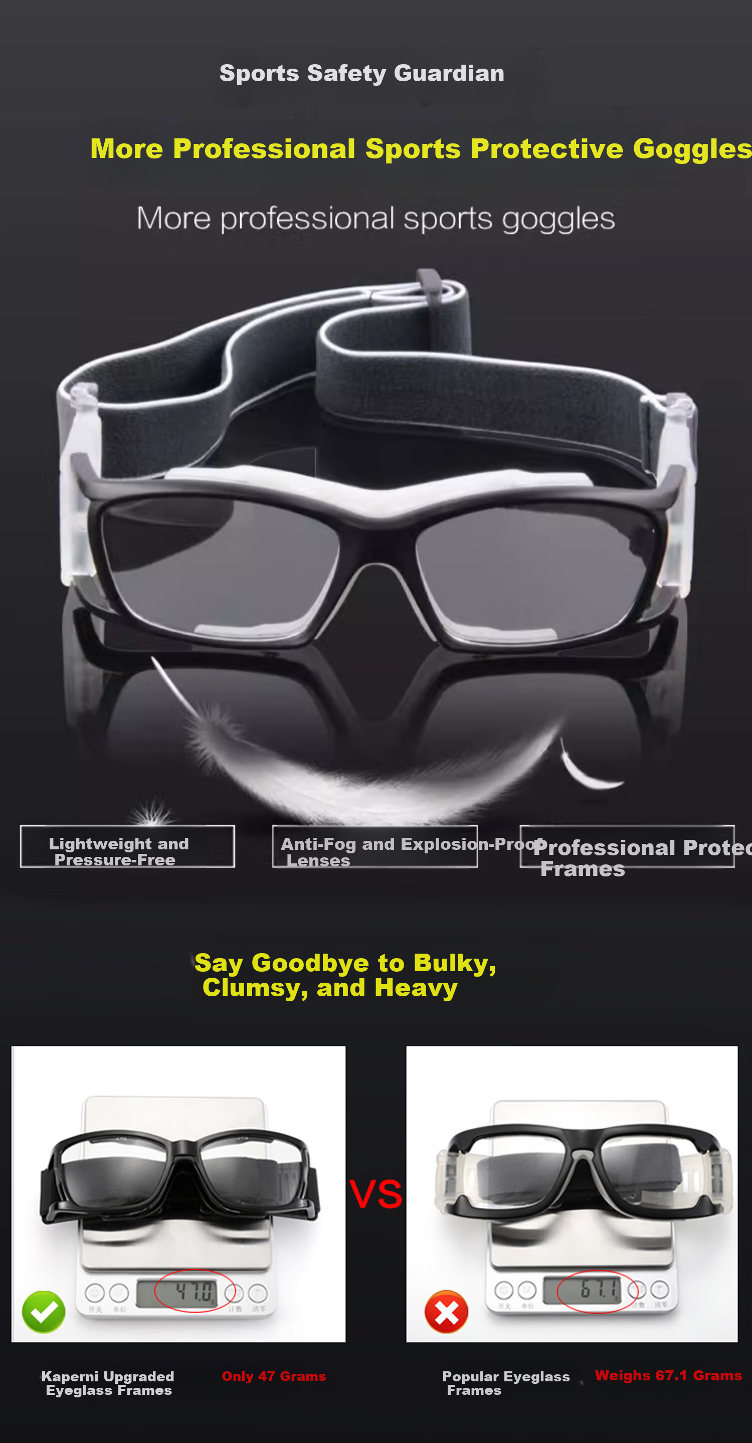 Kaperni Professional Basketball Sports Glasses Prescription Compatible Anti-Collision Anti-Fog Ultra-Light Protective Goggles for Basketball and Soccer with Anti-Drop Design 7