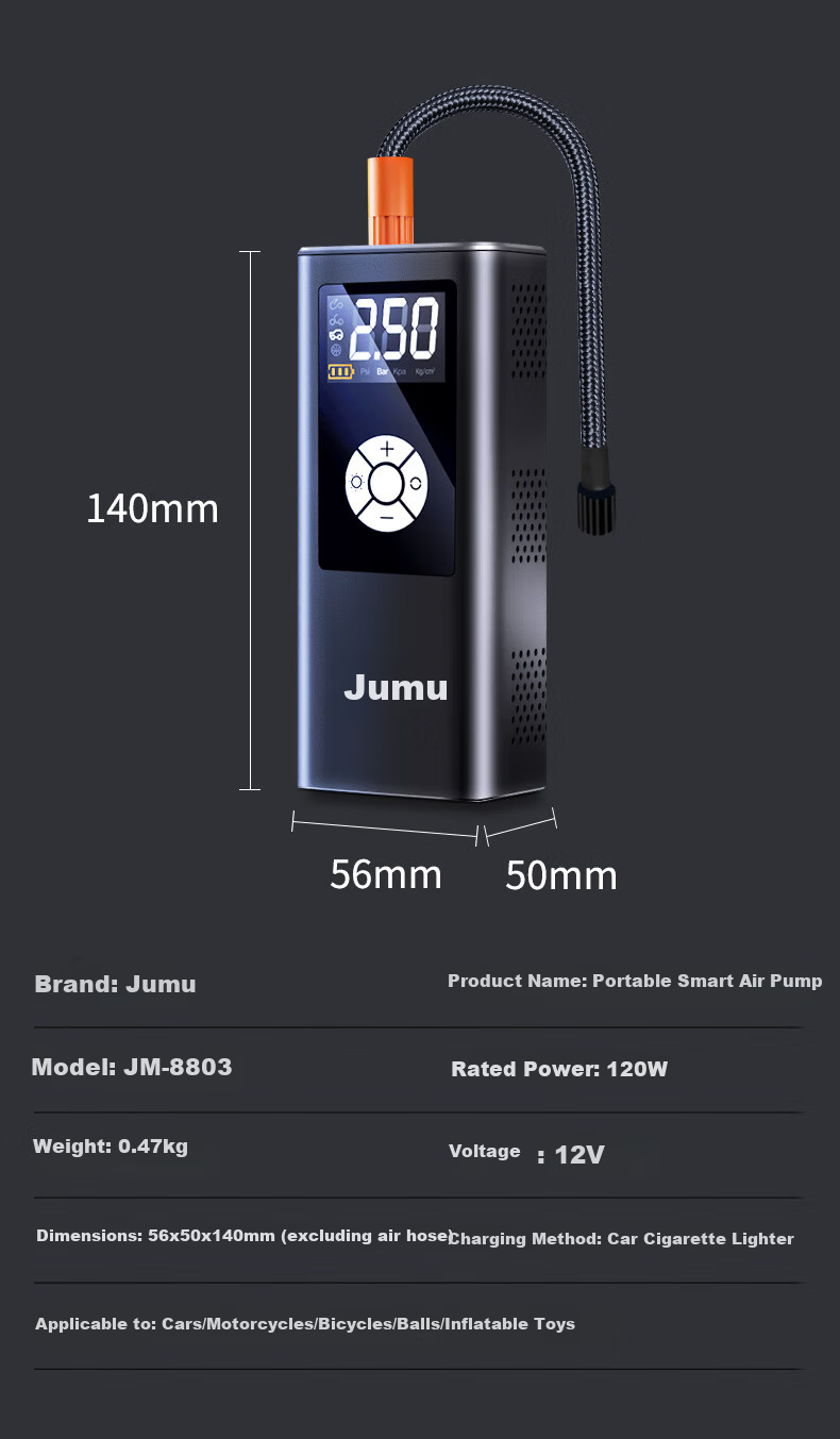 Jumu 12V Wired Portable Car Tire Inflator Electric Air Pump Multifunctional Air Compressor 18