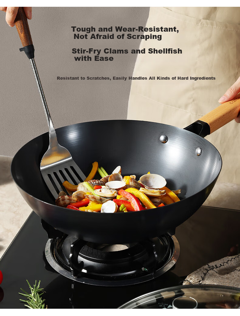 Carote Iron Wok, Home Cooking Pan, Non-Coated Non-Stick Pan, Suitable for Induction And Gas Stoves, Traditional Style, 32cm with Lid 6
