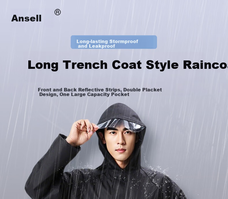 Ansell Long Trench Coat Style Raincoat Adult Long Raincoat Anti-Heavy Rain Flood Reflective Hooded Outdoor Security Duty Construction Labor Rain Poncho Black [3XL Fits 140-170 lbs] 28735 1