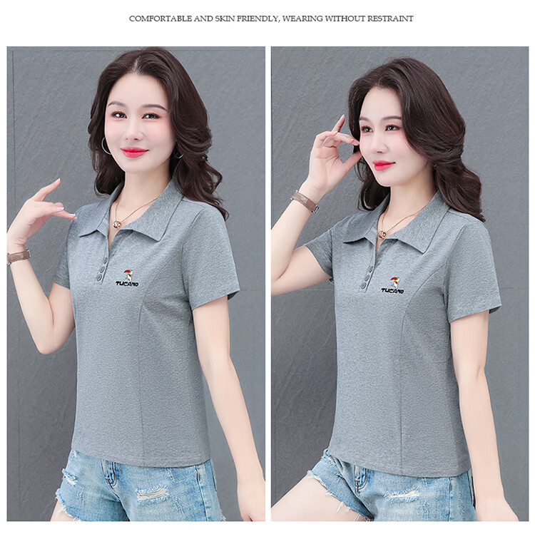 Woodpecker Women's Short Sleeve T-Shirt Pure Cotton Polo Collar Summer Regular Shoulder Slim Fit Casual Sports Half Sleeve Top Wine Red 2XL 28