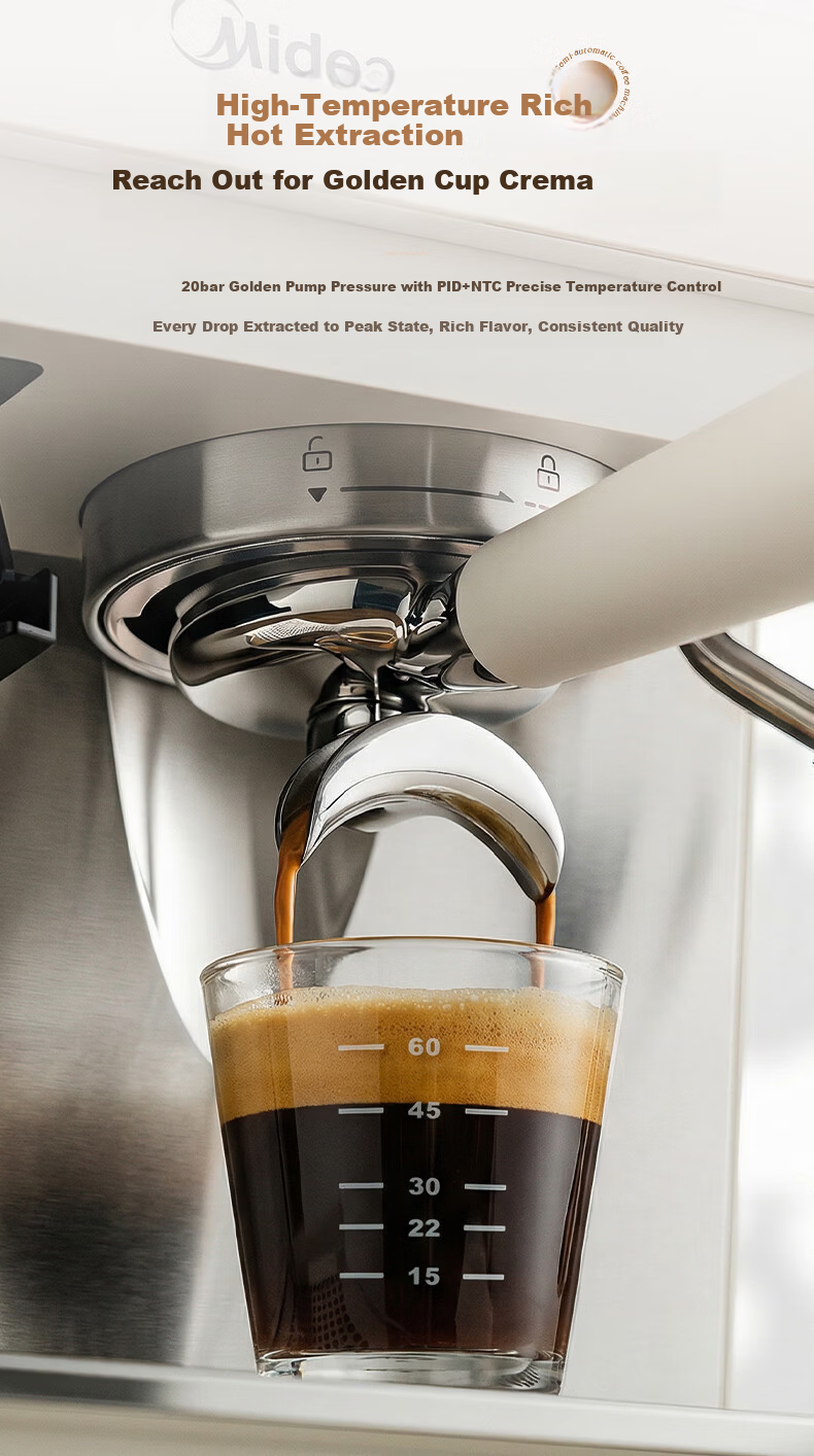 Midea Semi-Automatic Coffee Machine, Cold And Hot Three-Infusion Fully Automatic Grinder All-In Machine, Home Use Bean Grinder, Italian Espresso, Visible Pressure Gauge, GE5810 12