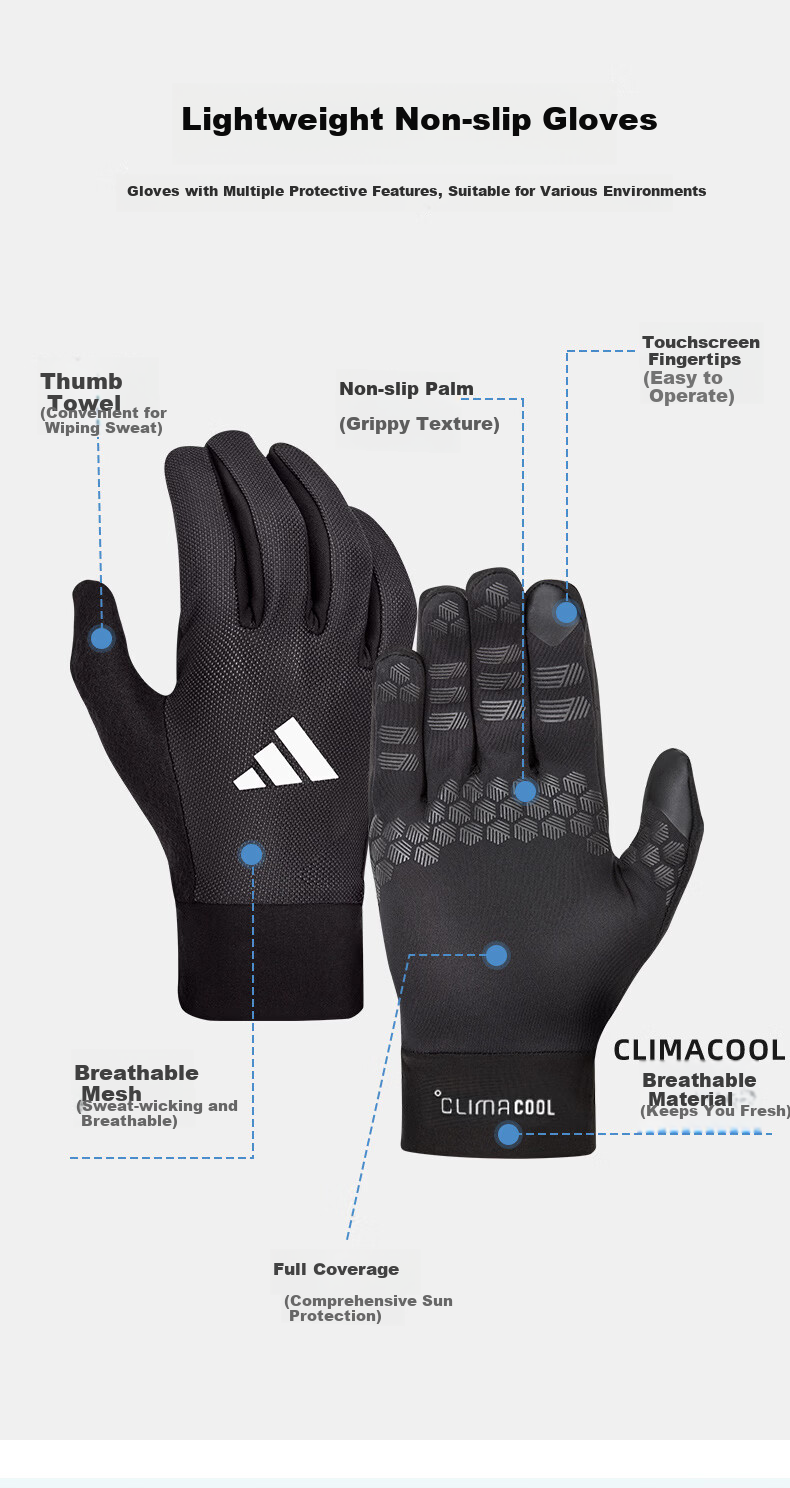 Adidas Men's Summer Hiking Gloves Lightweight Running Cycling Gloves Non-Slip Touchscreen Fitness Fishing 2