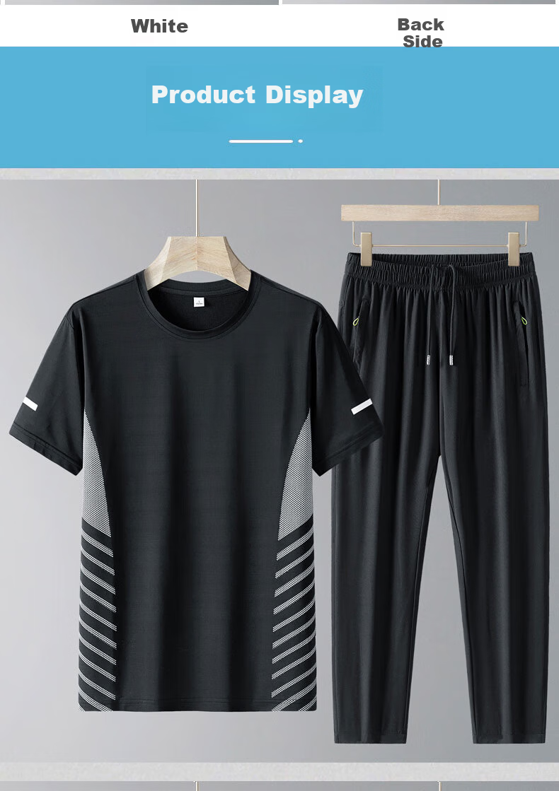 TUCANO Men's Summer Thin Ice Feeling Breathable Crew Neck T-Shirt and Casual Sports Pants Two-Piece Set Black XL 11