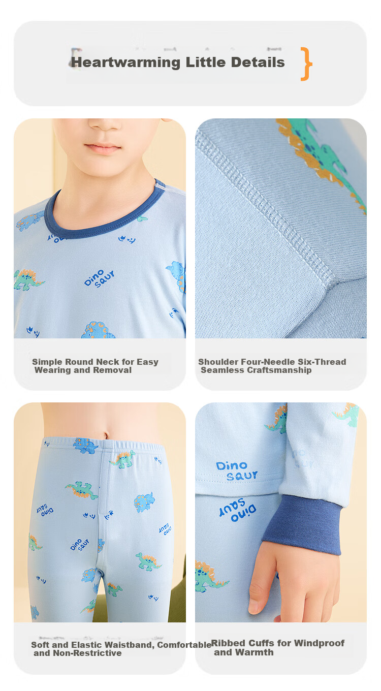 Hodohome Boys' Cotton Antibacterial Thermal Underwear Set, Long Sleeve Top and Pants, Grade 7, Printed Crew Neck, Sizes 121-150 12