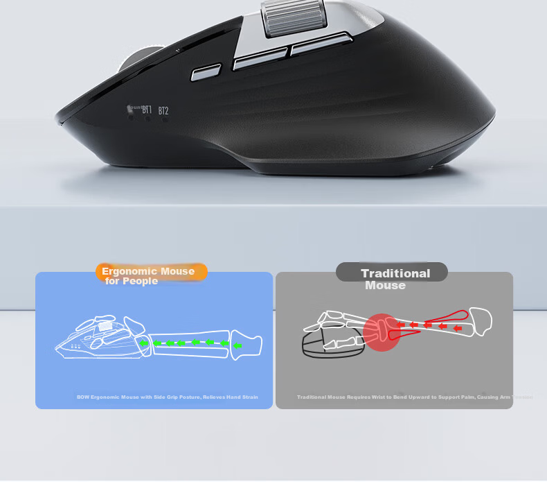 B.O.W Hangshi MD290L MAX Tri-Mode Wired Wireless Bluetooth Charging Mouse Laptop Office Ergonomic Silent Side Dual Scroll Wheel Mouse Silver Black 14