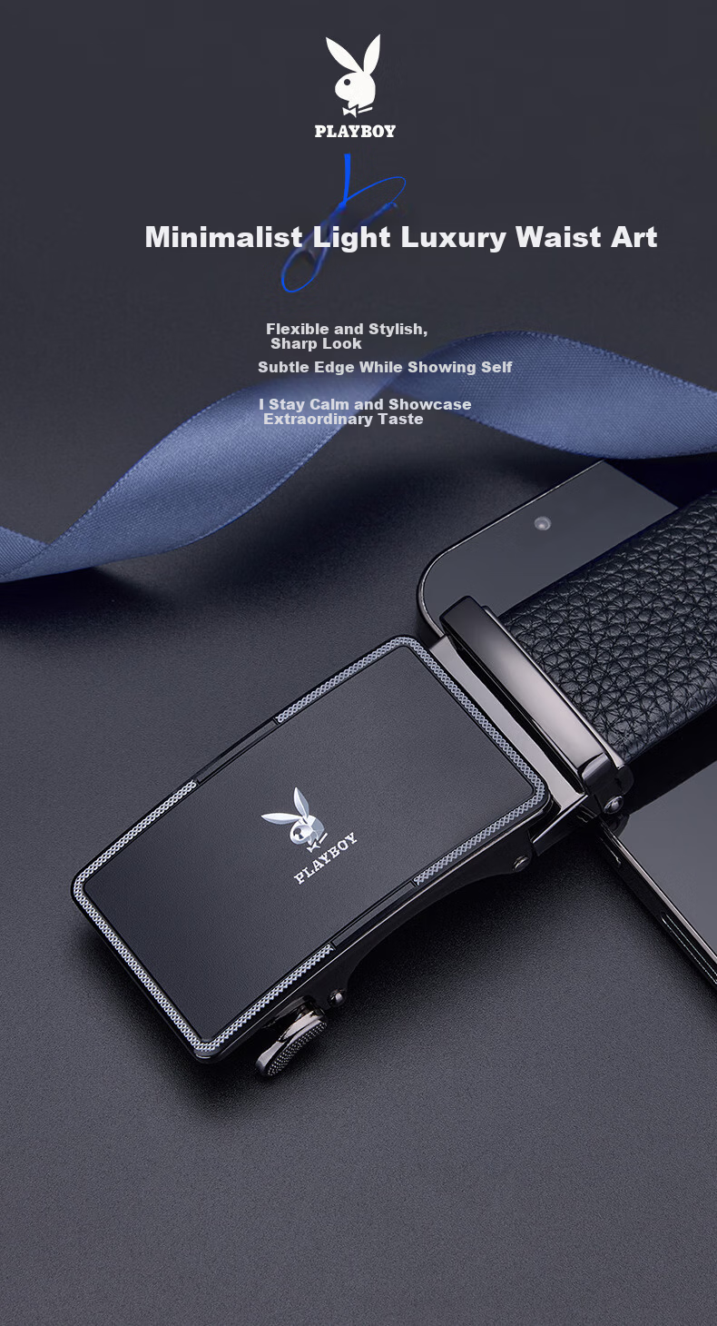 PLAYBOY Men's Genuine Leather Belt Cowhide Automatic Buckle Casual Waistband Business Versatile Gift for Boyfriend Husband 1