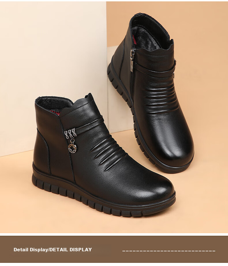RED DRAGONFLY Women's Short Boots with Fleece Lining, Warm Snow Boots, Middle-Aged And Elderly Cotton Leather Shoes, Flat Cowhide Cotton Shoes WTC428791 Black Size 36 7