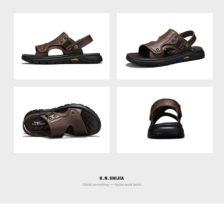 Bull Family Men's Leather Sandals Summer New Thick Sole Durable Genuine Leather Beach Shoes Breathable Versatile Two-Way Slippers 24