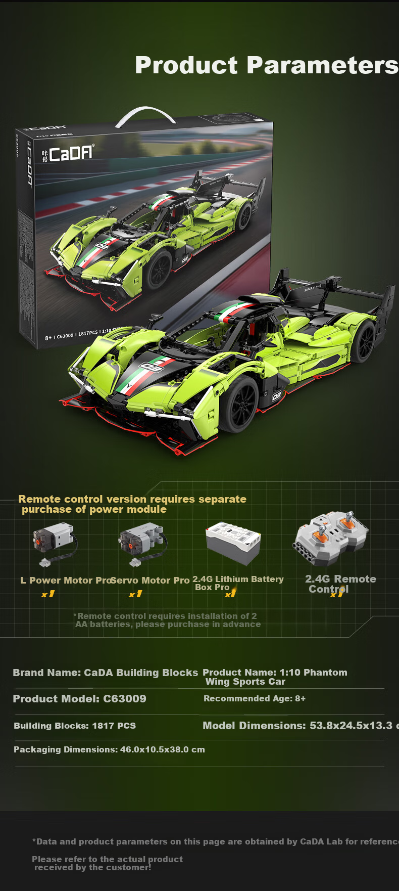 CaDA Building Block Racing Car Toy 1:10 RUFGT Building Block Car Remote Control Racing Car Collectible Display Piece Birthday Gift for Boys 12