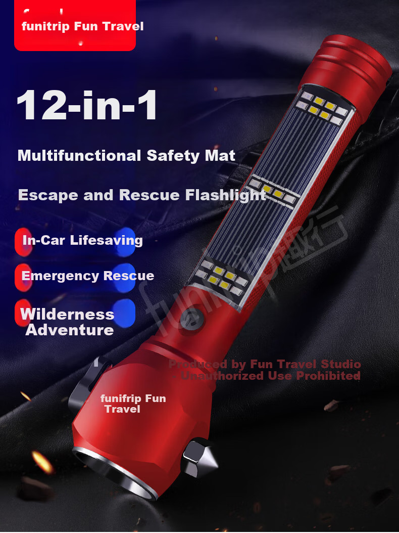 QuXing 12-in-1 Car Emergency Escape Hammer with Window Breaker, High-Power Flashlight, Red 1