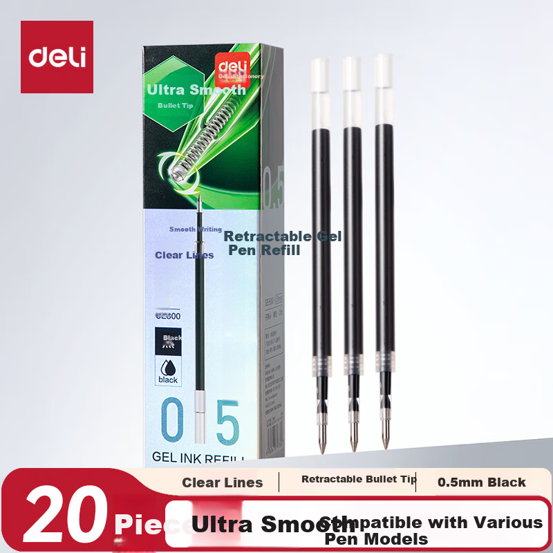 Deli 0.5 Smooth Retractable Gel Pen Refills for Students, Compatible with S01/S08/1008/K35 and G-5, Black Bullet Tip, 20 Pieces/Box SE800