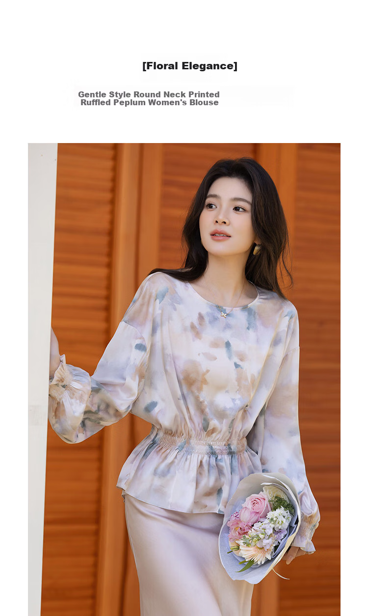 Demana [Floral Melody] Spring Gentle Style Round Neck Printed Ruched Ruffle Hem Loose Fit Petite Women's Shirt 5