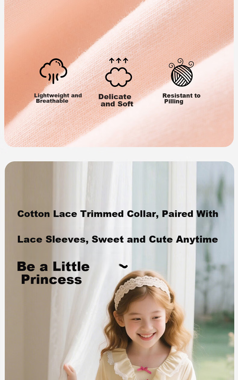 Dingguagua Girls' Long Sleeve Princess Style A-Class Pure Cotton Nightgown Children's Pajamas Homewear Parent-Child Dress Pink 140 4