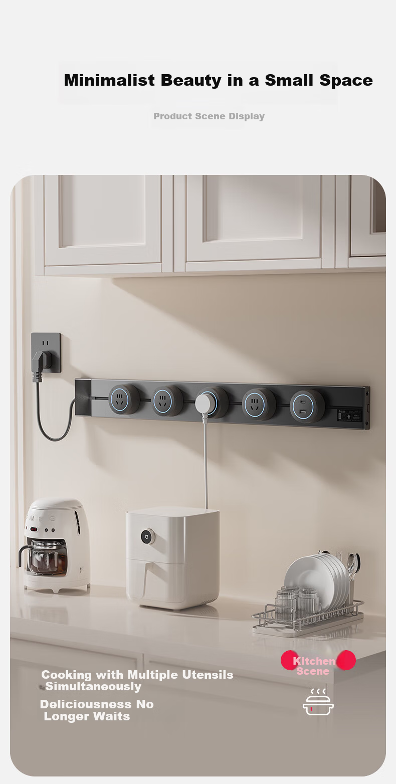 CHIGO Track Socket with Cable Kitchen Bedroom Surface Mounted Portable Power Track Extension Socket Board Wall-mounted Rail Socket 80cm Track + 4 Five-hole Outlets Black 8