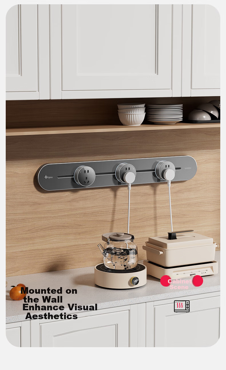 CHIGO Track Socket Tempered Glass Oil-Resistant Kitchen Power Rail Socket Surface Mounted Wall-Mounted Movable Sliding Rail Socket 50cm + 3 Three-Prong Outlets Silver Gray 11
