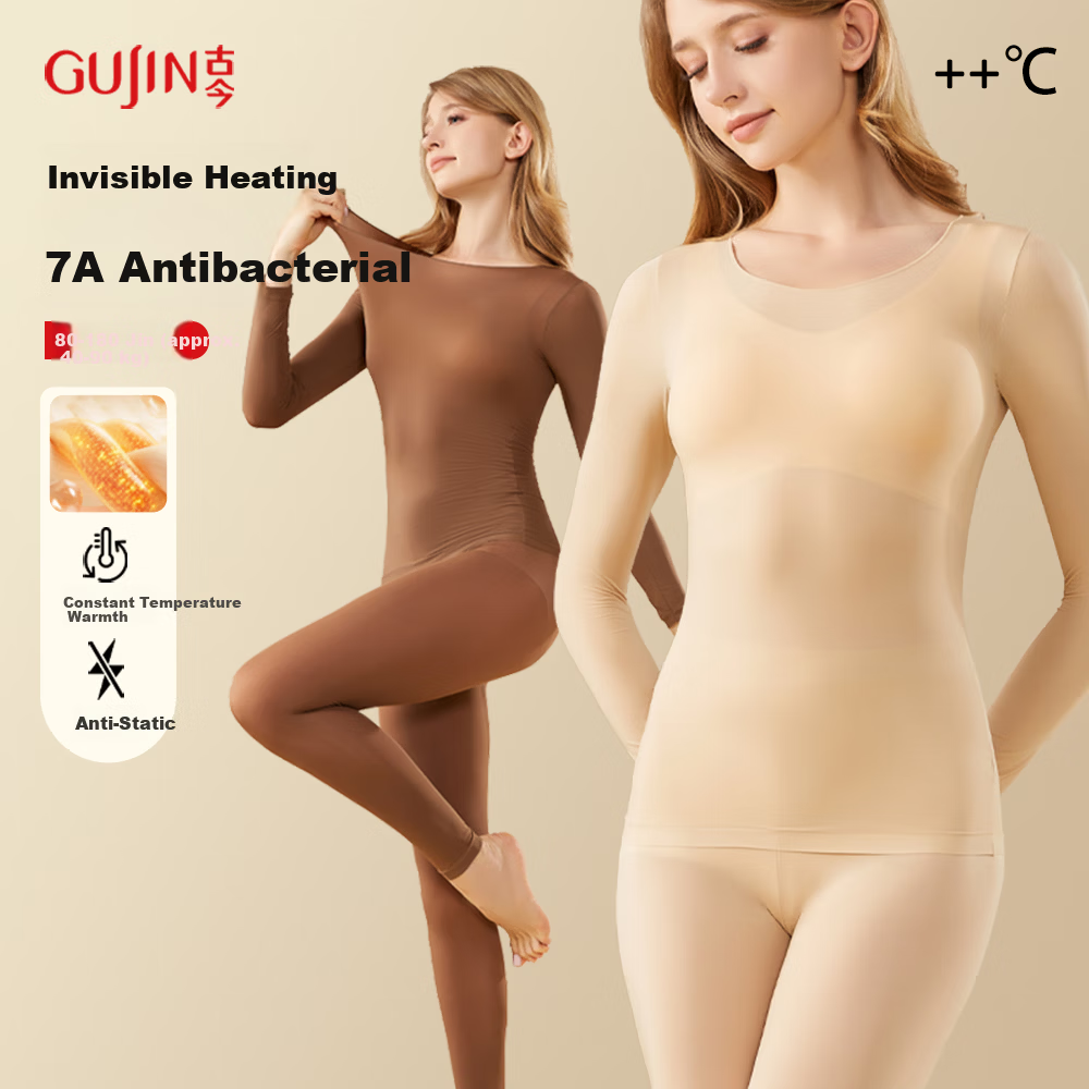 GUJIN Invisible Skin-Friendly Slim Anti-Static Thermal Underwear Set for Women Thin Base Layer Autumn Top and Bottom