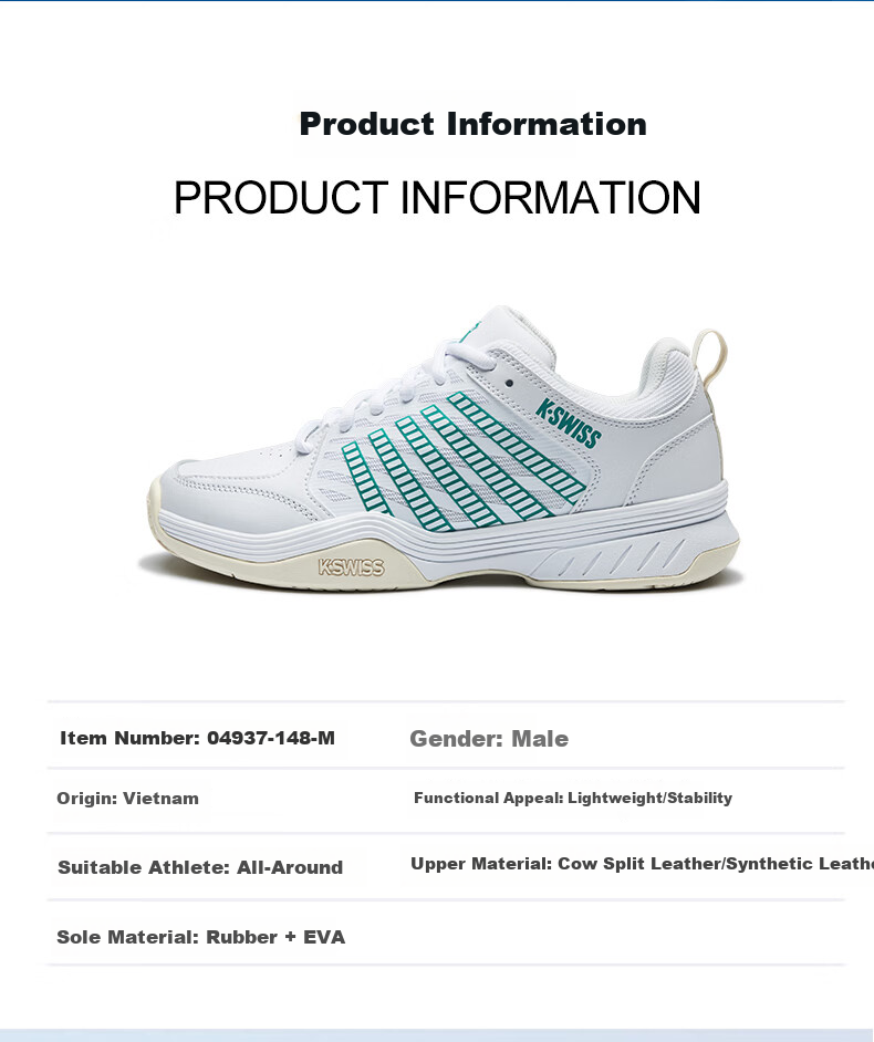 K·SWISS Men's Professional Tennis Shoes Lightweight Durable Sports Casual Shoes 04937-148-M Size 42 3