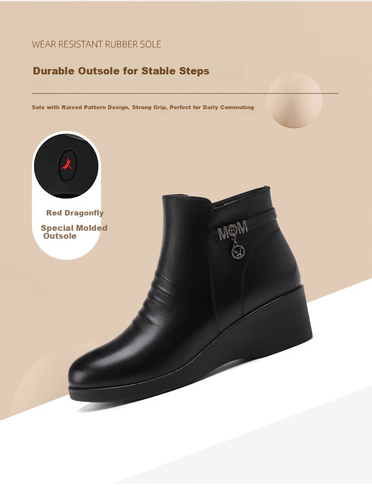 Red Dragonfly Women's Boots Mom Boots Autumn Winter Fleece Warm Lightweight Thick Sole Wedge Fashion Short Boots WTC458061C Black Size 35 6