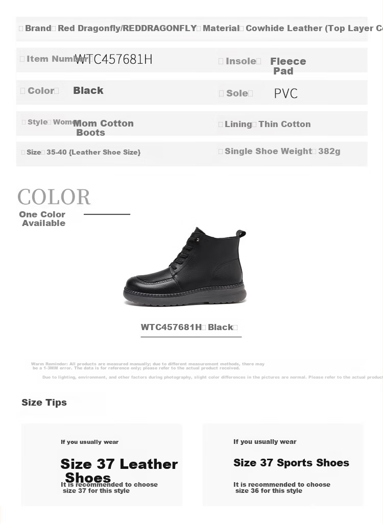 Red Dragonfly Women's Martin Boots Winter Fleece Lined Warm Thick Sole Short Boots Versatile Fashion Cotton Leather WTC457681H Black Size 37 7