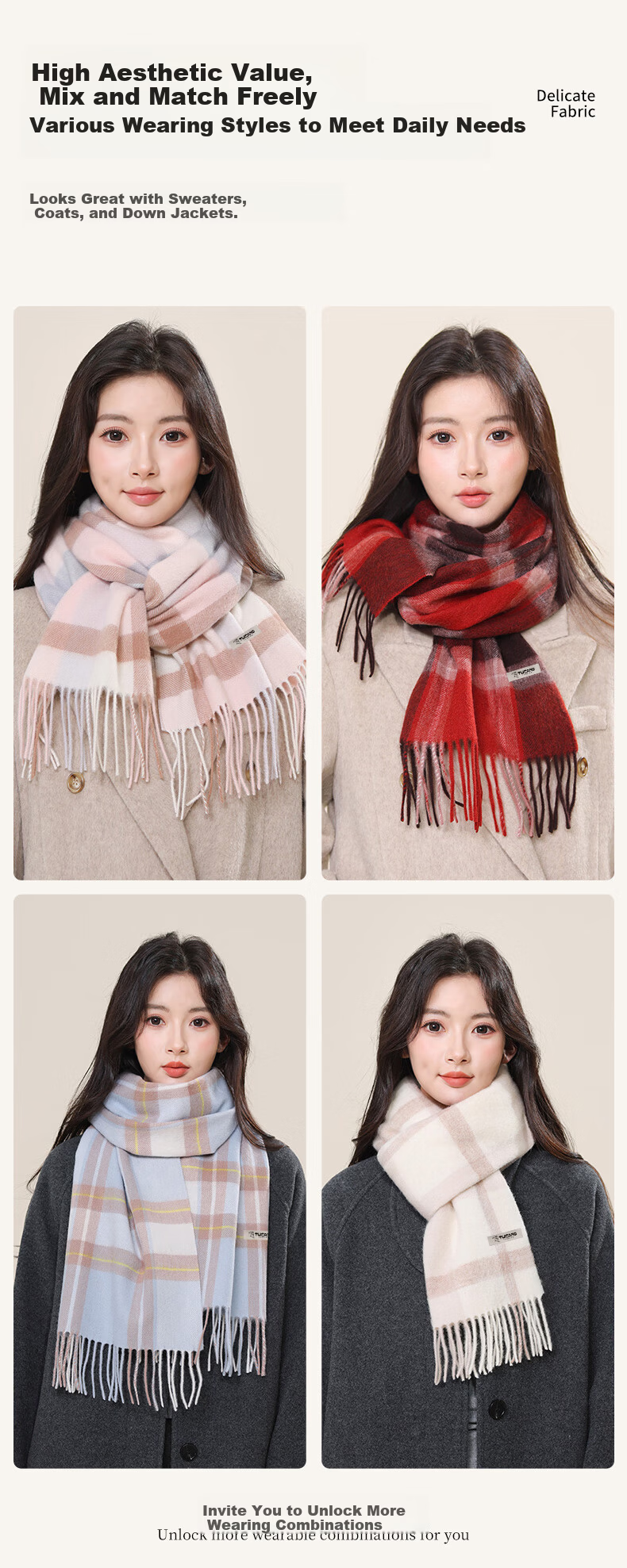 TUCANO Pure Wool Women's Winter Plaid Scarf Warm Shawl Neck Warmer Gift for Girls and Moms New Year Birthday 8