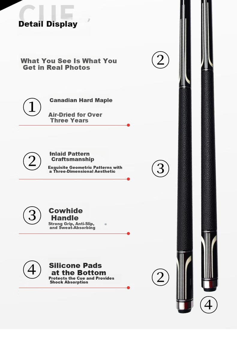 Jianying Billiard Cue Large Tip Chinese Style Black 8 Eight Ball American Leather Handle Nine Ball Cue 1/2 Split Cue Pianist 12.75mm 3
