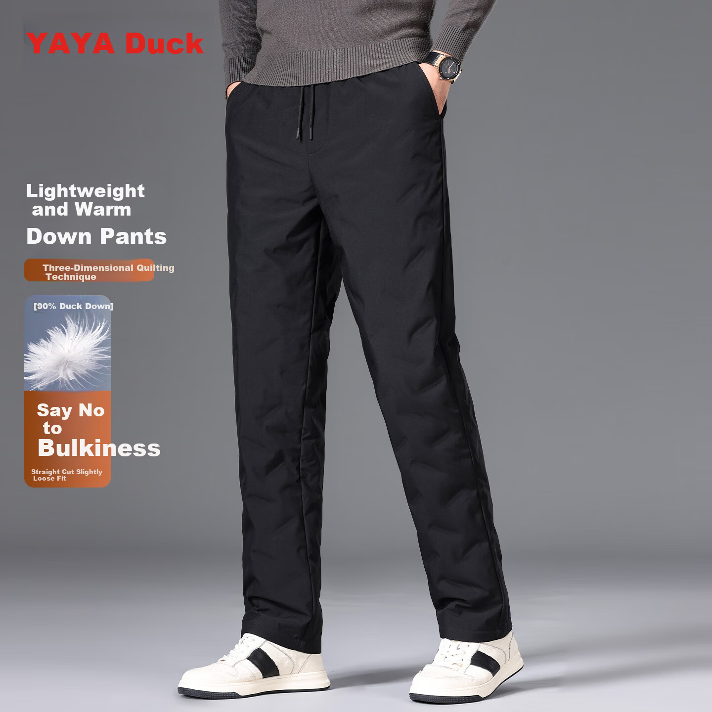 YAYA Men's Down Pants Straight Loose Thick Warm Mid-Young Winter New Business Casual Fleece Pants K05