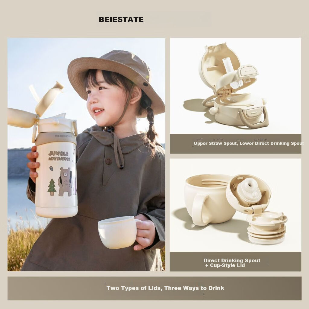 BEIE BEIESTATE Explorer Kids Insulated 3-in-1 Straw Cup 316L Stainless Steel Kindergarten Baby Water Bottle School Use