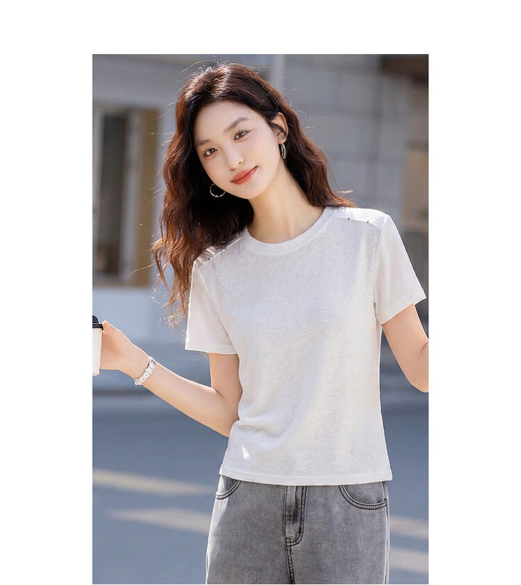 Demana [with Flax Cloud Cotton] Summer Simple Style Color-Block Shoulder Round Neck Slim Loose Fit Women's T-Shirt 10