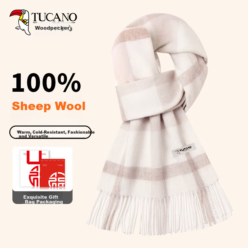 TUCANO Pure Wool Women's Winter Plaid Scarf Warm Shawl Neck Warmer Gift for Girls and Moms New Year Birthday