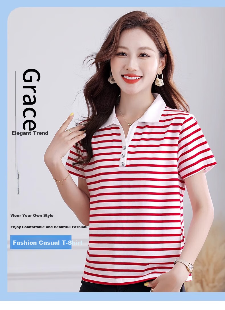 Woodpecker Pure Cotton Polo Collar Short Sleeve T-Shirt Women Summer Striped Polo Shirt Loose Plus Size Black White L 1