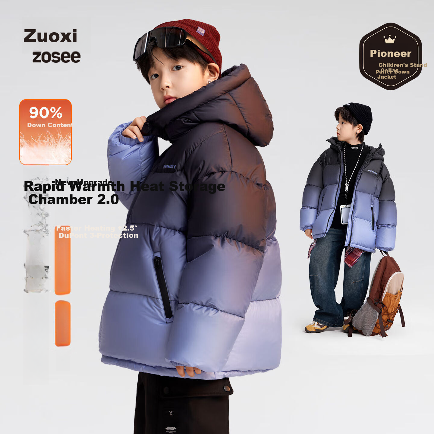 Zuo Xi Boys' Down Jacket Winter Warm 2025 New Children's Three-Proof Hooded Puffer Coat Blue 120