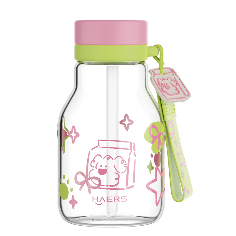 HAERS Glass Cup, Stylish Design for Women, Summer Straw Cup, Student Desktop Water Bottle, Heat-Resistant, Can Hold Hot Water, Pink, 570ml