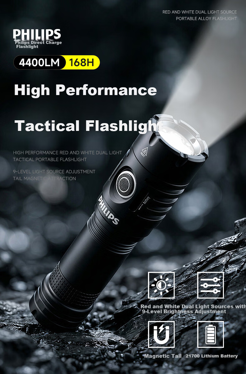 PHILIPS High-Power Flashlight Long Battery Life Outdoor Survival Ultra-Bright Military Long-Range Portable 200000 Lumens 1