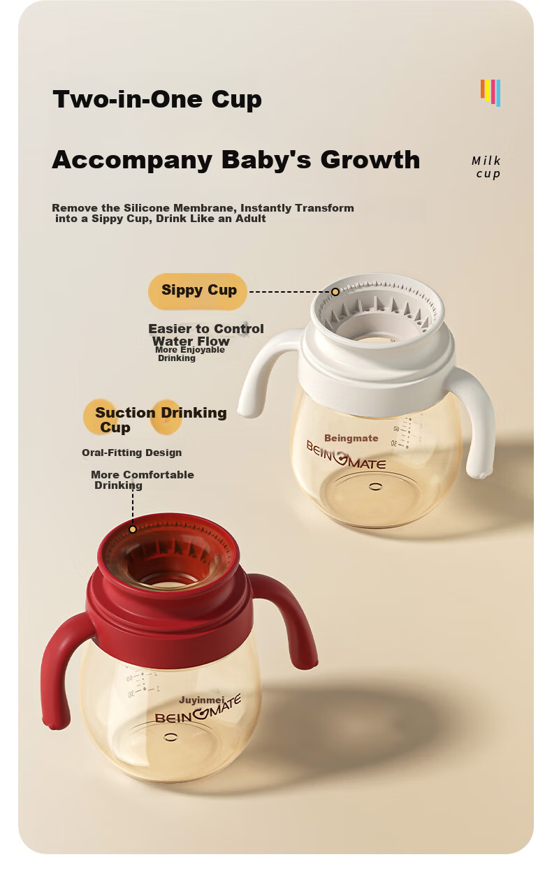 Beingmate Children's PPSU Sippy Cup for 6+ Months Baby, Anti-Fall Direct Drinking Cup, Toddler Water Bottle for Kindergarten 6