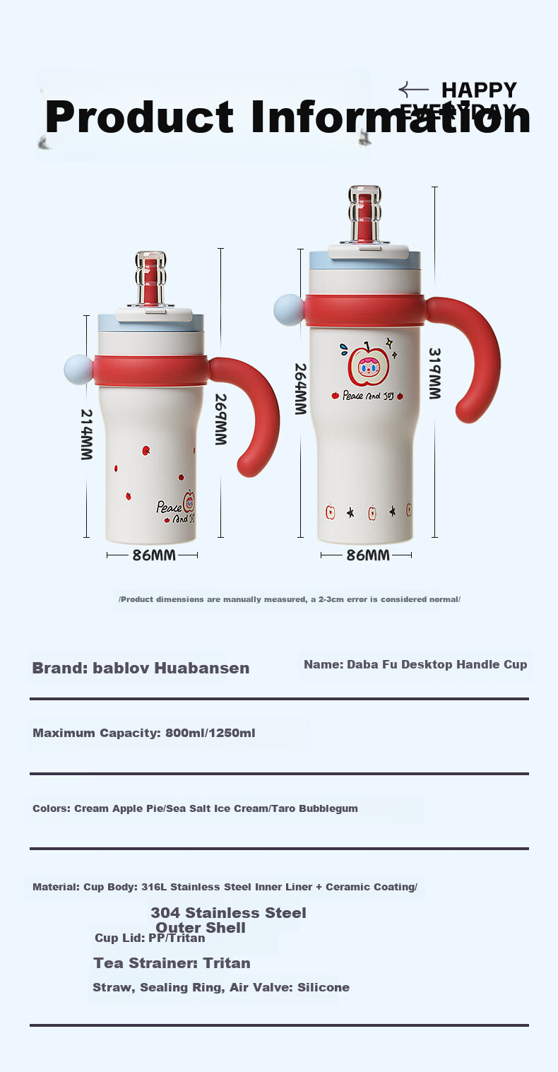 BABLOV Insulated Kids 316L Stainless Steel Portable Silicone Straw Water Bottle 18